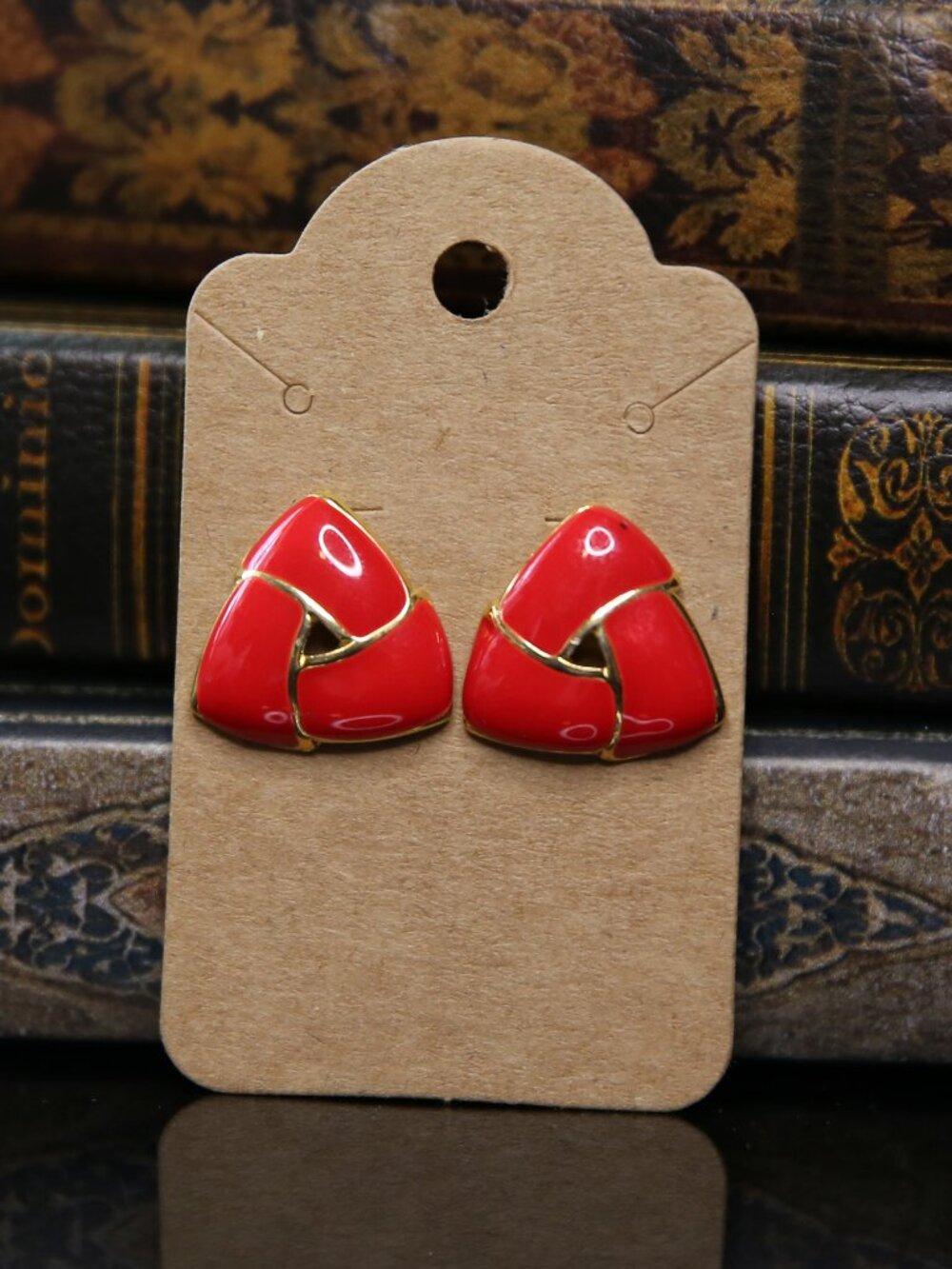 Monet Earrings: Red Triangle Clip On Earrings, Gold Trim, 1980s Jewelry